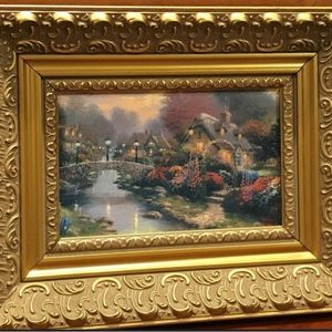 Lovely Kinkade Print 4"x 6" on Canvas Flowers House Ornate Gold Frame 8"x 10
